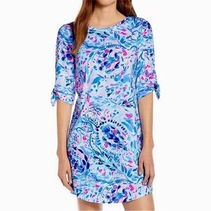 Lilly Pulitzer Preston Tie Sleeve Party Wave Blue Dress Pima Cotton Size M
